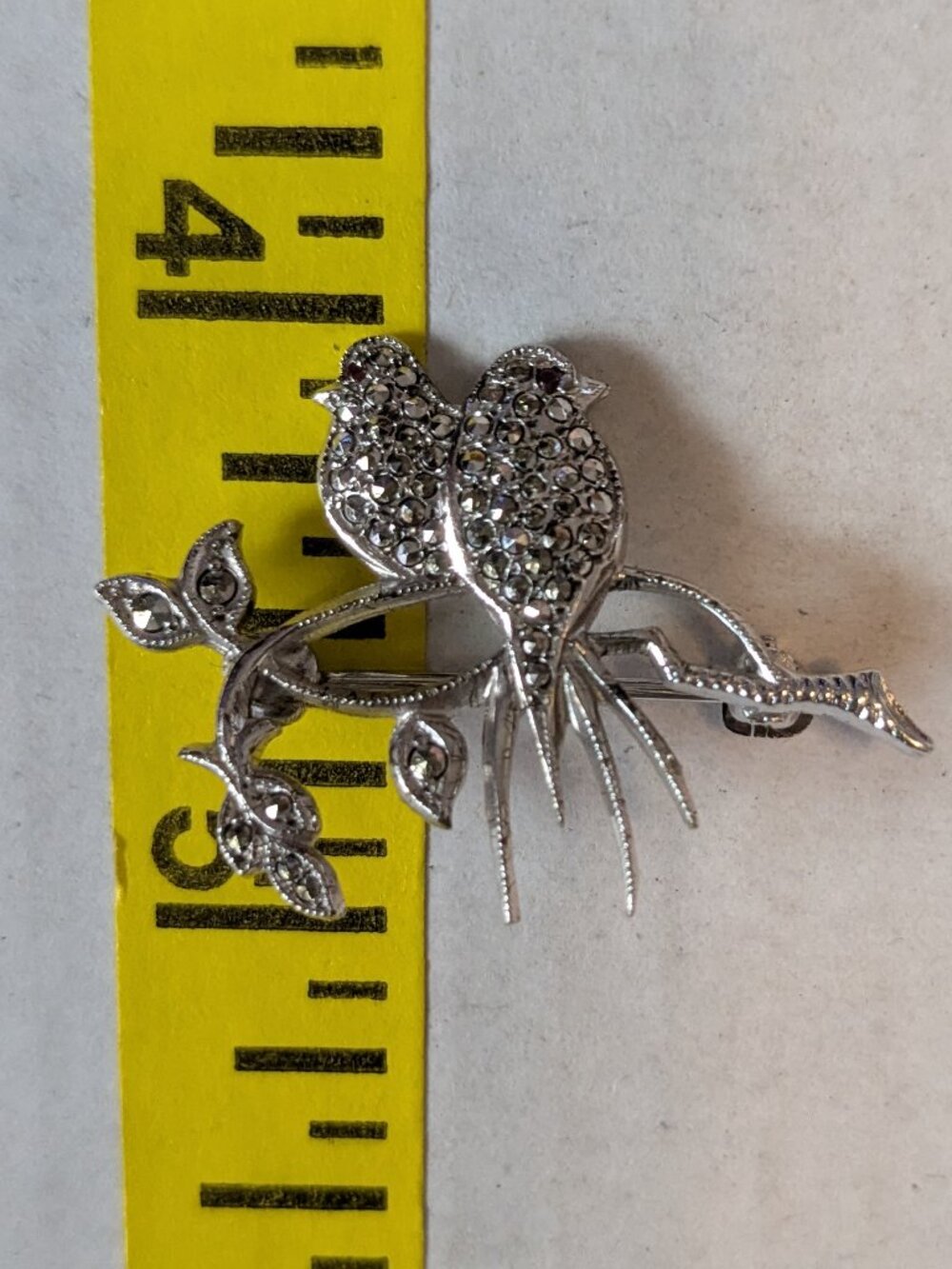 Vintage Small Sterling Silver Marcasite Love Birds on Branch Brooch Pin
